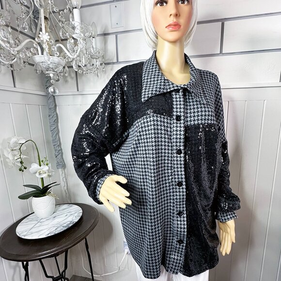 New Upscale Houndstooth and Black Sequin Fun Button up Shirt Runs big size L - Picture 2 of 9